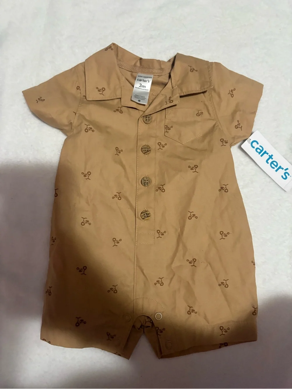 Carter's Tan Short-Sleeve Button Front Baby One-Piece with Tiny Print
